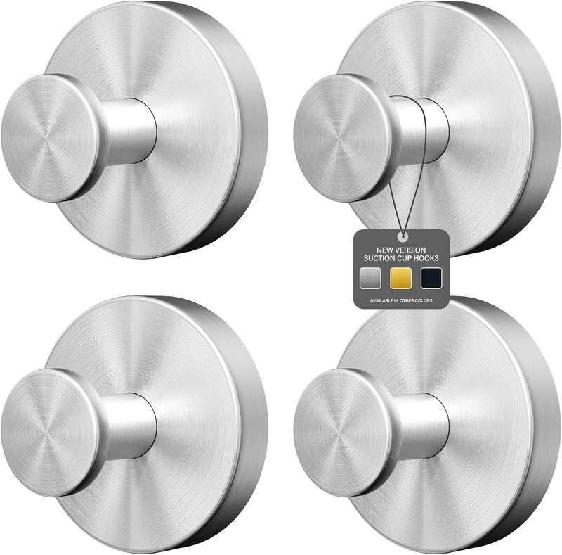 Ninth Five Shower Suction Cup Hooks, Heavy Duty Bathroom Wall Hooks for Towels, Robes, Loofahs, Removable Metal Hook for Tile Glass Mirror, No Drill(4 Pack, Silver) - Image 1